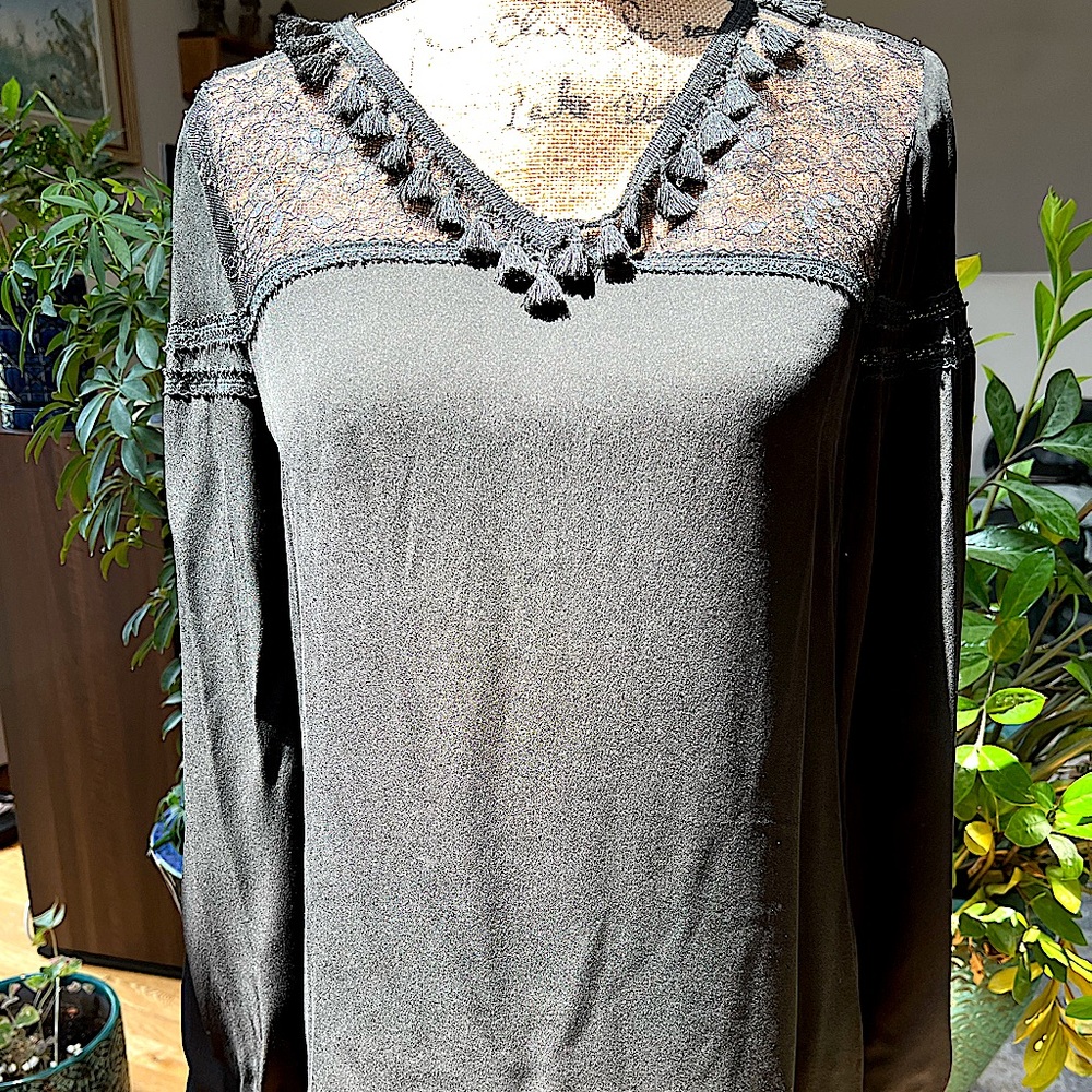 Sheer Black Long Sleeved Tassel Tunic